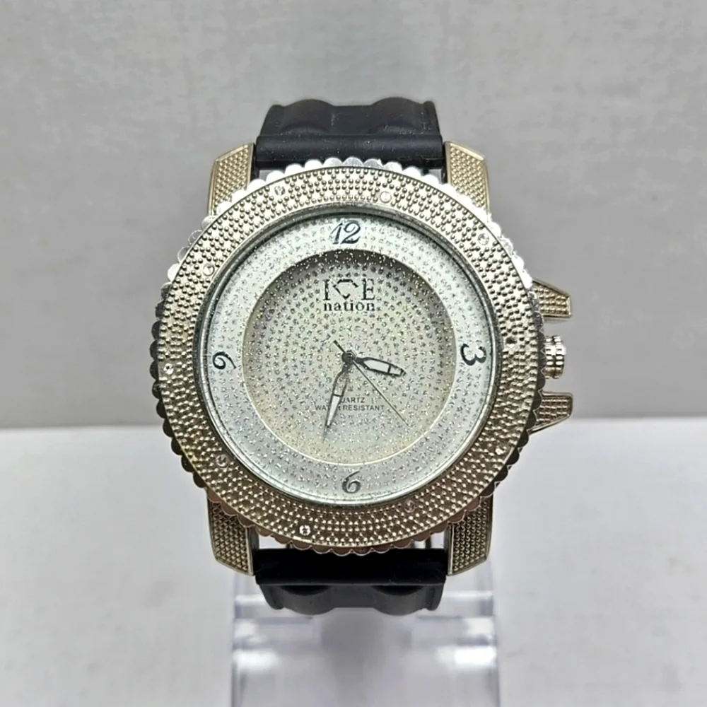 Mens Ice Nation SF-1030 Faux Diamond Dial Watch Silver Tone New Battery